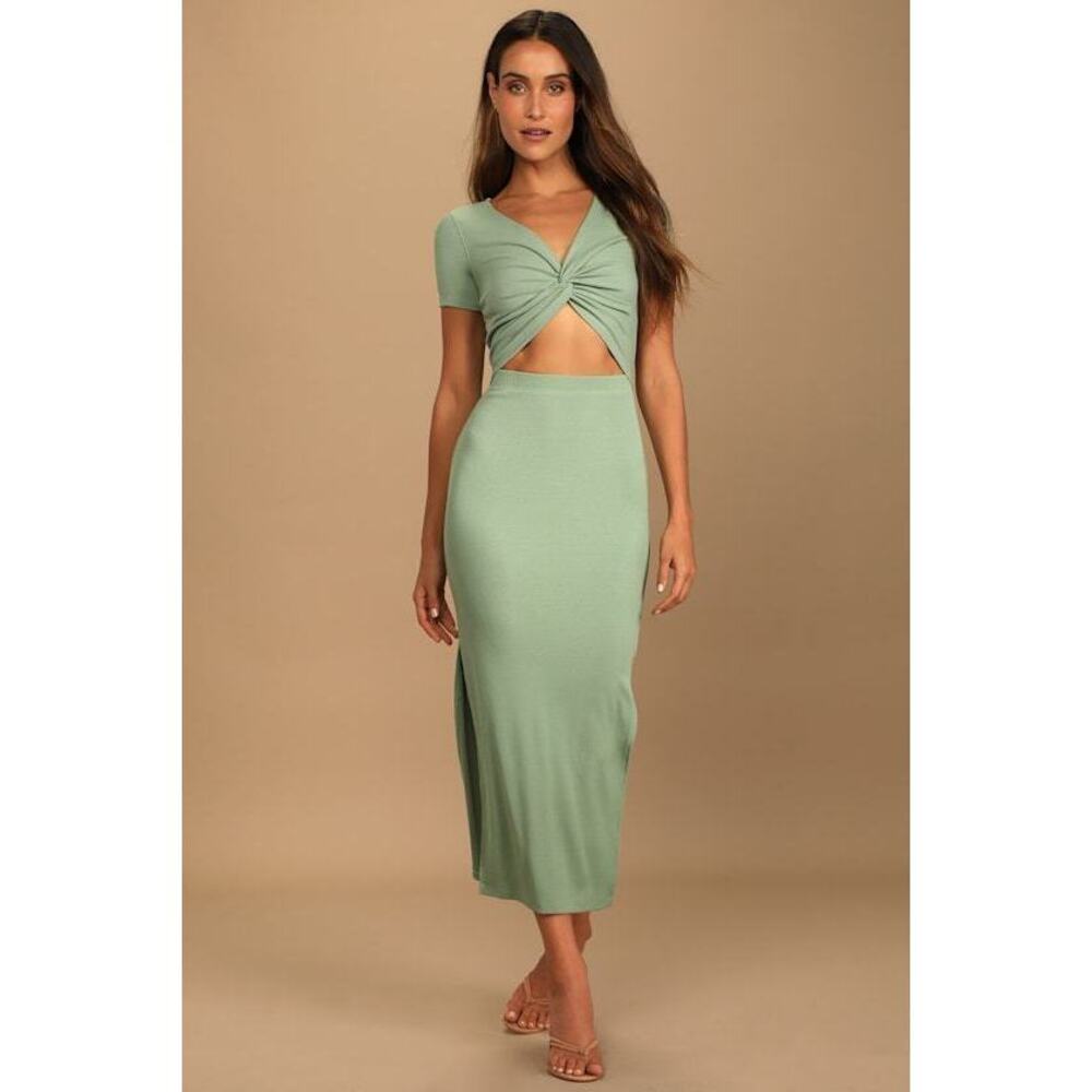 Lulus Style Twist Sage Green Twist Front Cutout Midi Dress - Size M